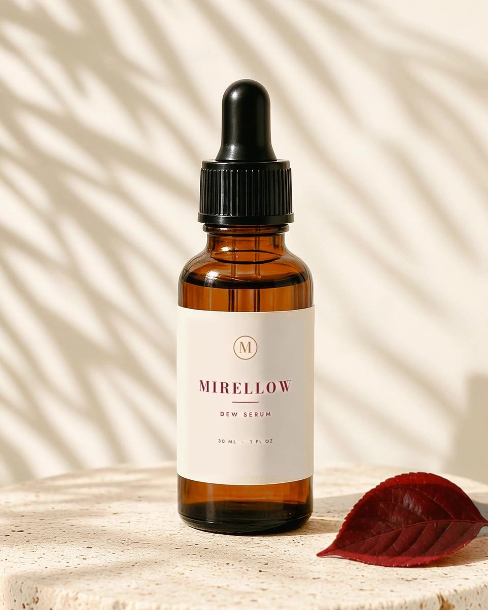 Mirellow Dew Serum amber dropper bottle on a stone plinth beside a red leaf