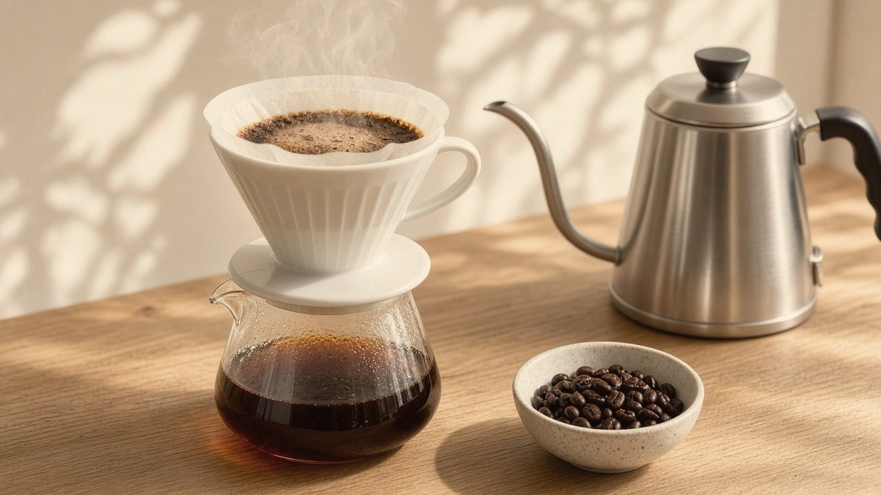 A slow pour-over coffee being brewed on the counter