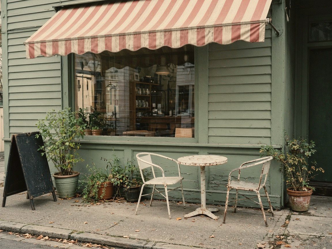 Sage-green corner café with a striped awning and bistro tables